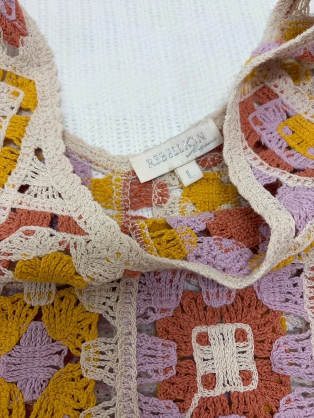 Rebellion Again Crochet Granny Square Knit Crop Top in pastel Colors. Size Large - Picture 2 of 12